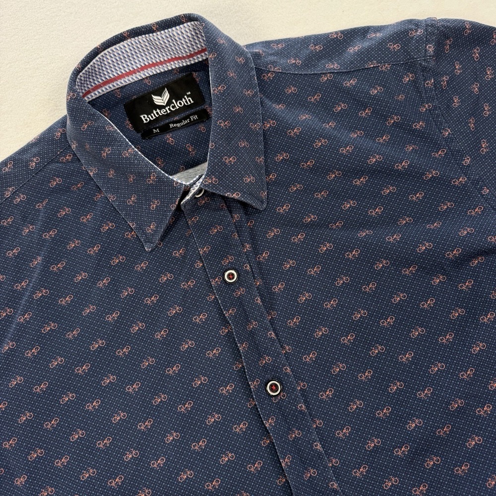 Butter Cloth Icy Cotton Mens Medium Blue Slim Fit Button Up Bicycle‎ Print Shirt